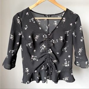 Dynamite Black Floral Print Cinched Front V-Neck Blouse